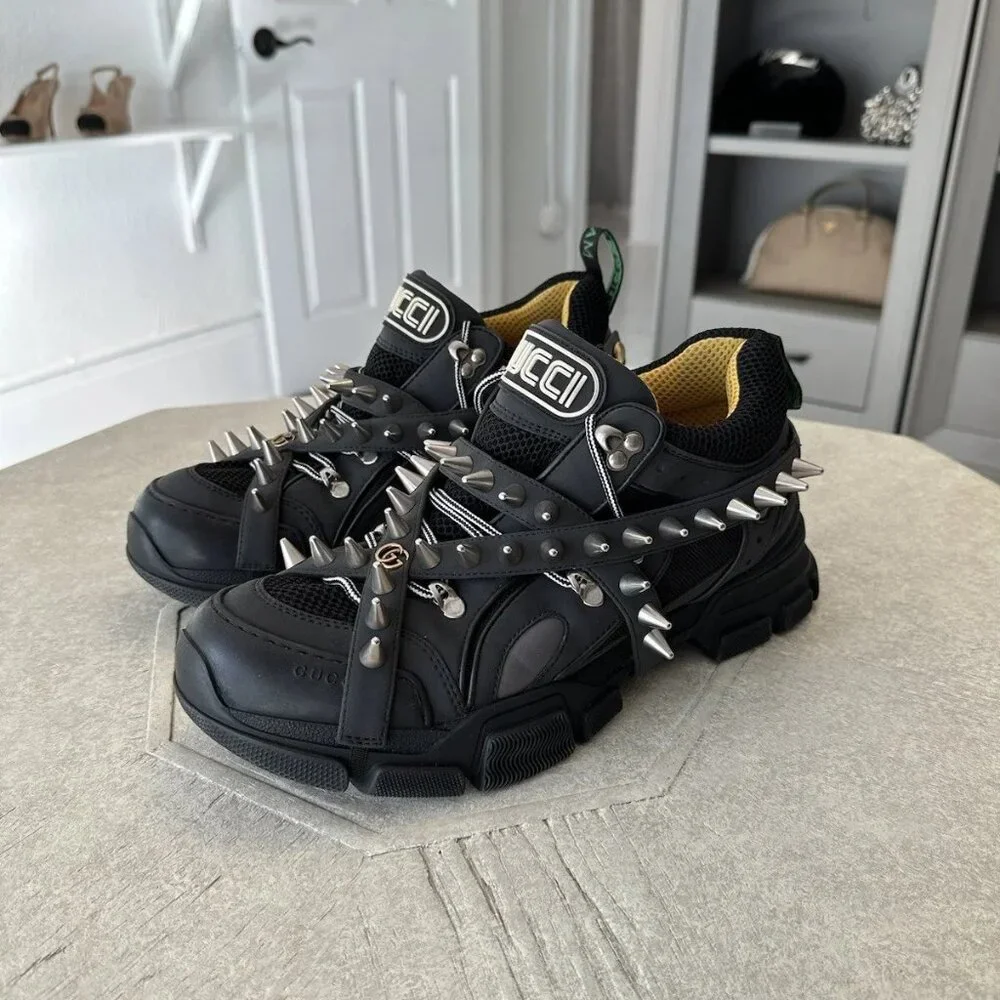 GUCCI Size 8.5 Black Flashtrek Spikes Canvas Leather Trim Sneakers